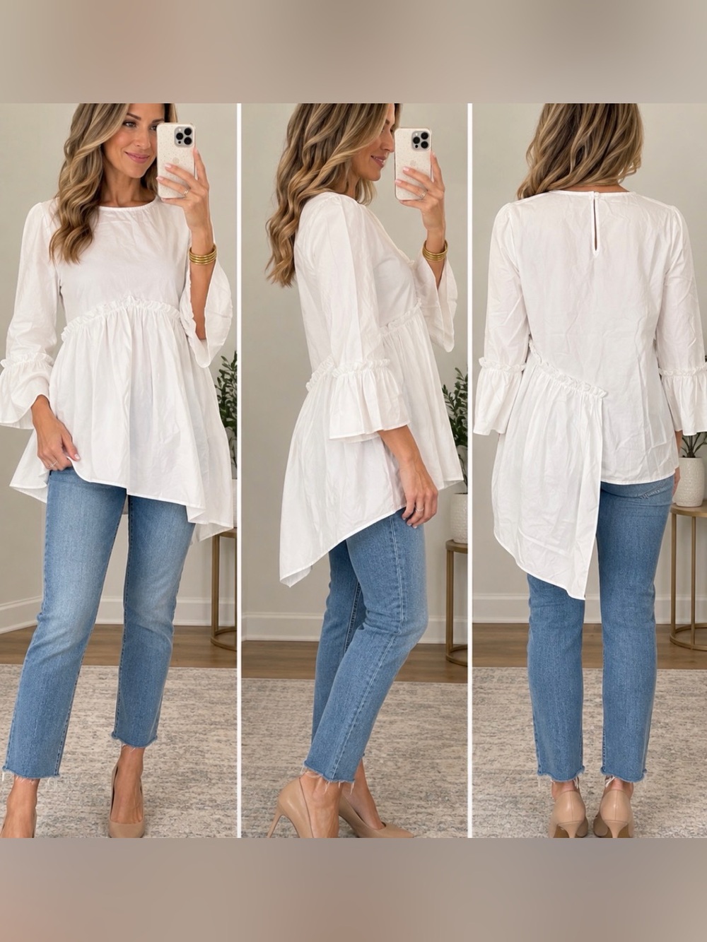 Women's White Asymmetrical Ruffle Sleeve Blouse - Elegant Tunic